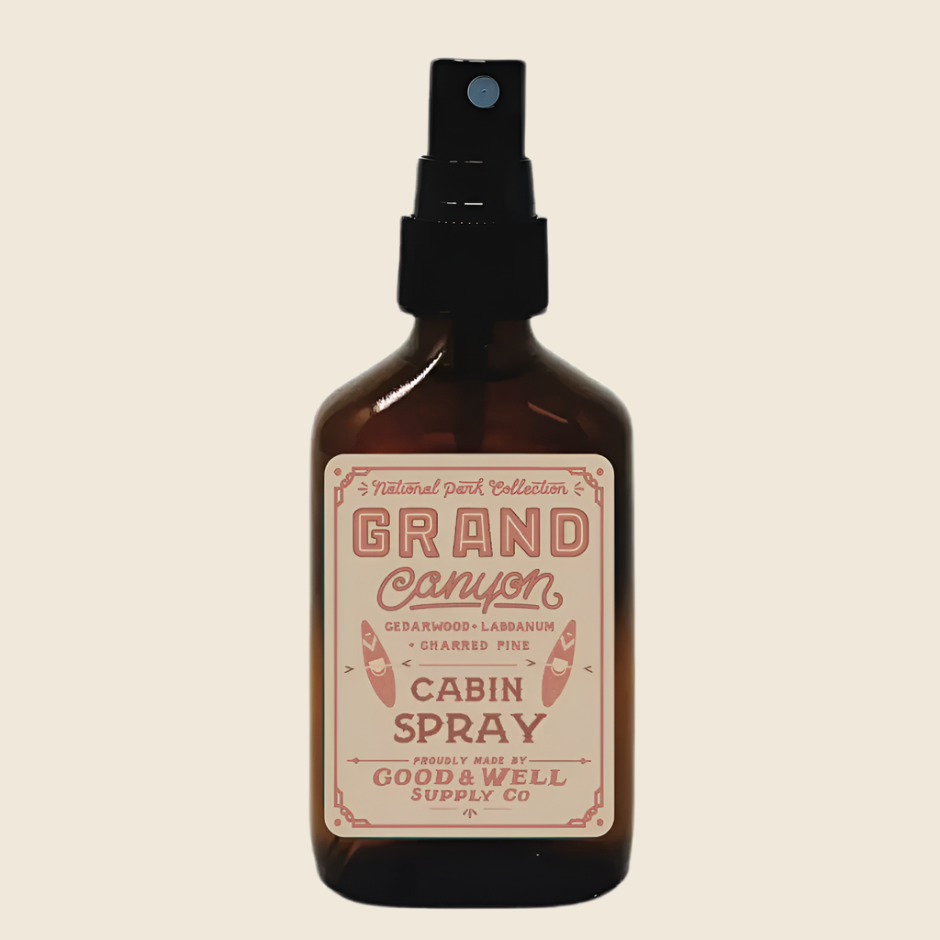 Bottle of Grand Canyon Cabin Spray with a label 