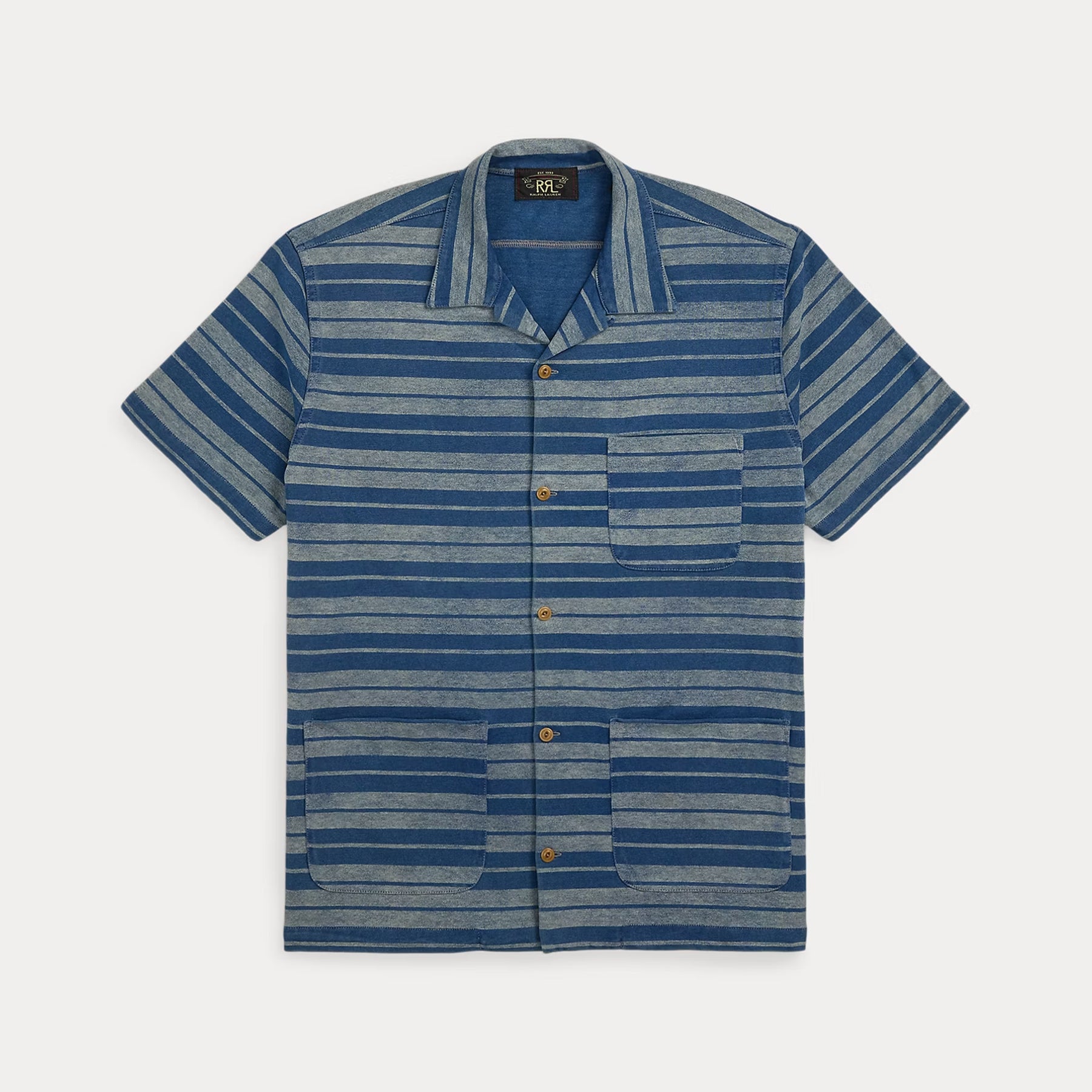 ダブルアールエル INDIGO PRINT JERSEY CAMP SHIRT Indigo Striped Jersey Camp Shirt – Jupiter and Main