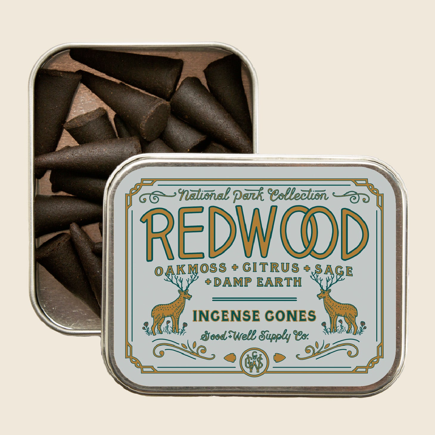 Redwood incense cones in a tin with decorative label on a beige background