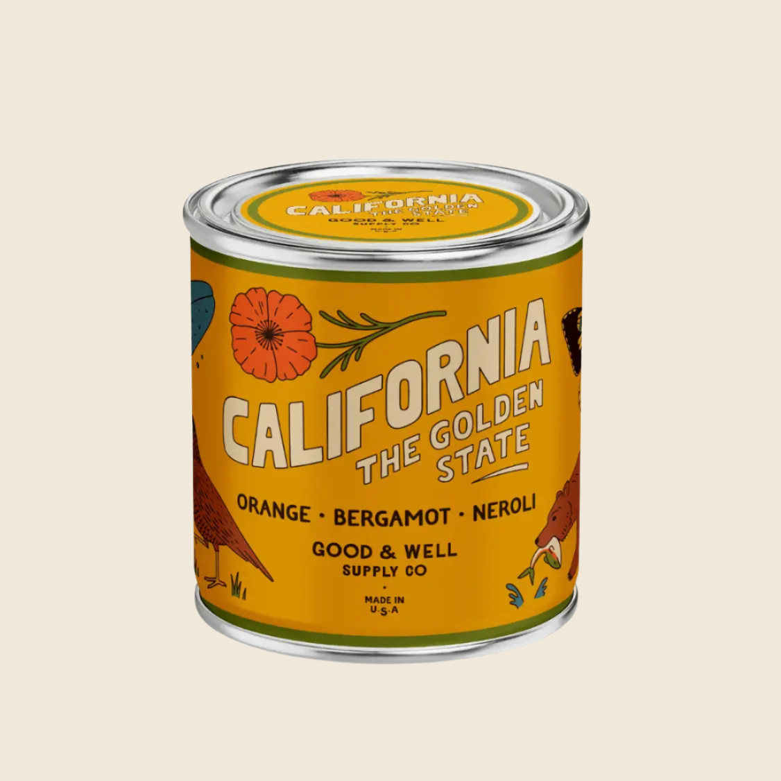 Candle with 'California The Golden State' label on a white background